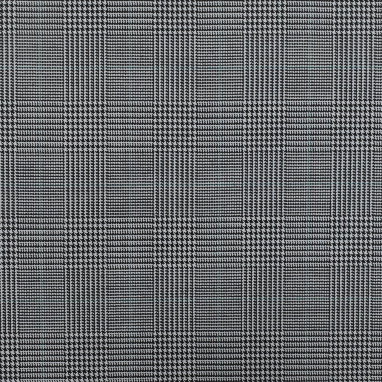 Light Gray-Black-Green Glen Plaid Wool-Poly Twill Woven Suiting Fabric By the Yard